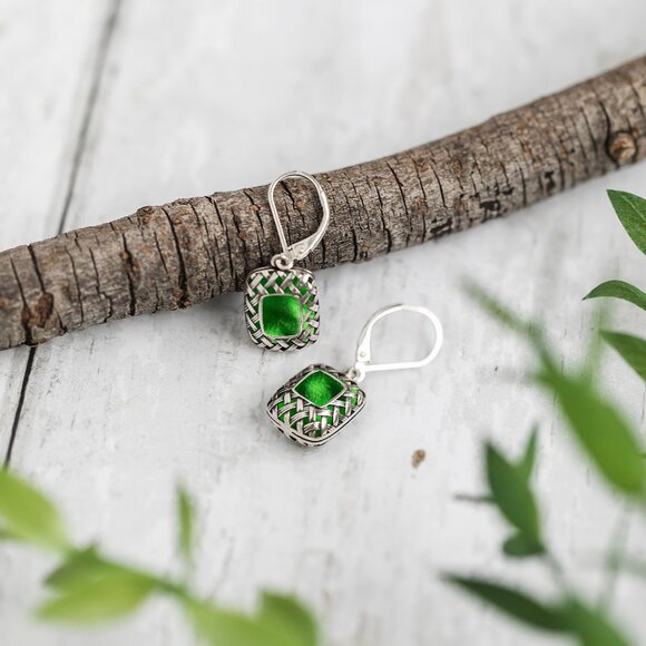 Recycled Vintage 1960's Green Beer Bottle Sterling Quilted Square Earrings - Picture 2 of 6